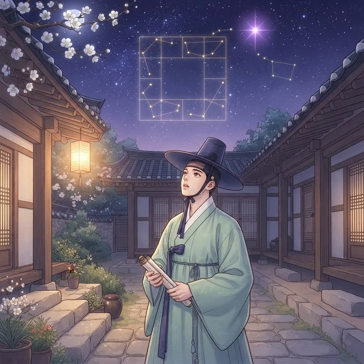 밤하늘의 별과 명반을 올려다보는 선비