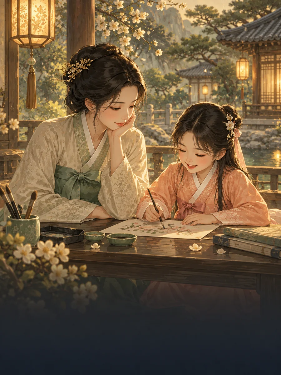 부모·자녀 궁합 사주를 표현한 전통풍 일러스트